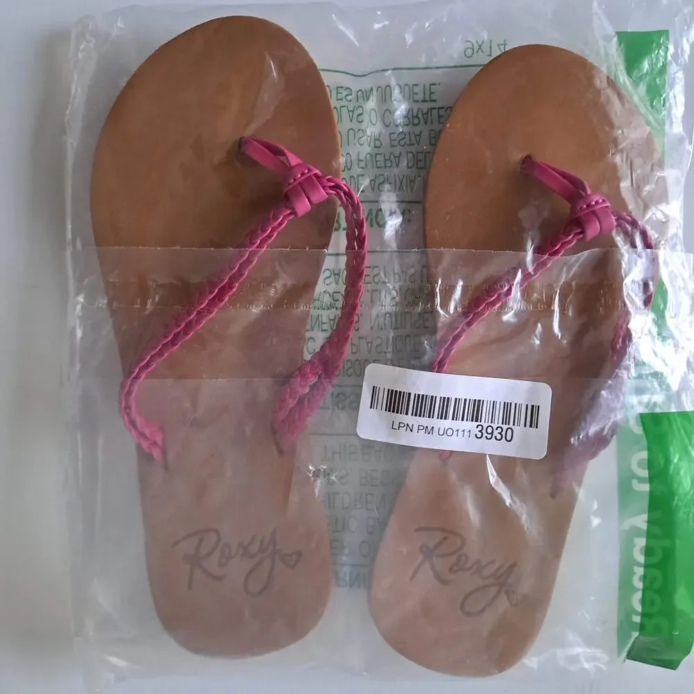 NWT Roxy Costas II Braided Strap Flip Flop Sandals EVA Sole Pink Girls Size 2